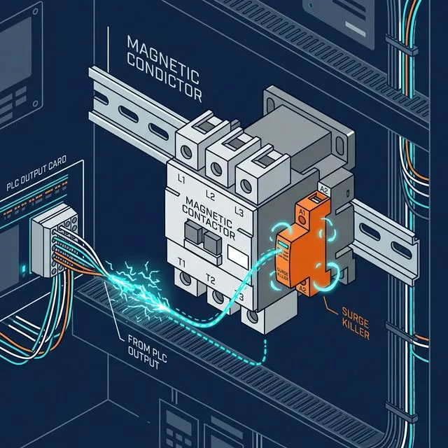 서지킬러가 MC 코일 단자를 보호하는 구조 — PLC 출력단으로 향하는 역기전력을 흡수한다