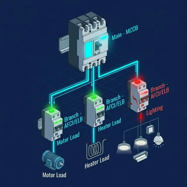 올바른 계통 구성 — MCCB 메인 + 분기별 AFCI/ELB로 사고 지점만 격리한다